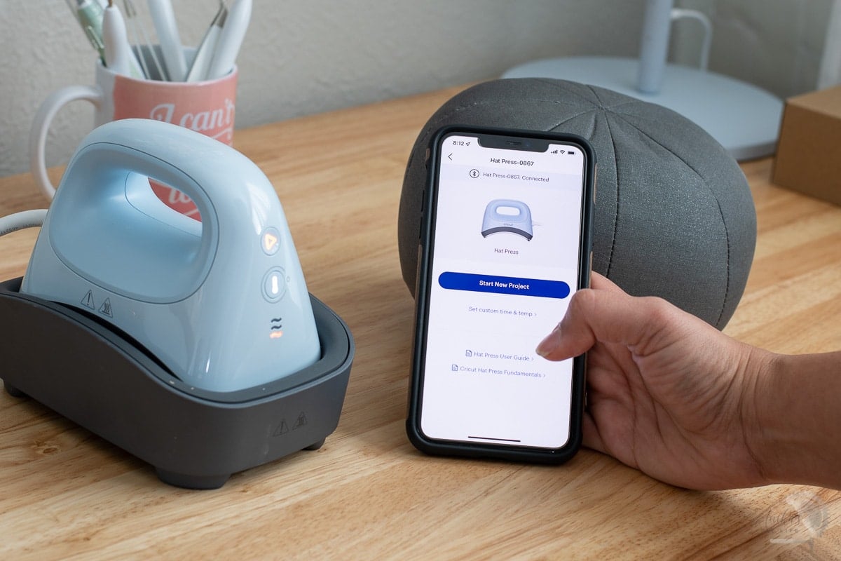 Cricut hat press connected to the Cricut Heat app