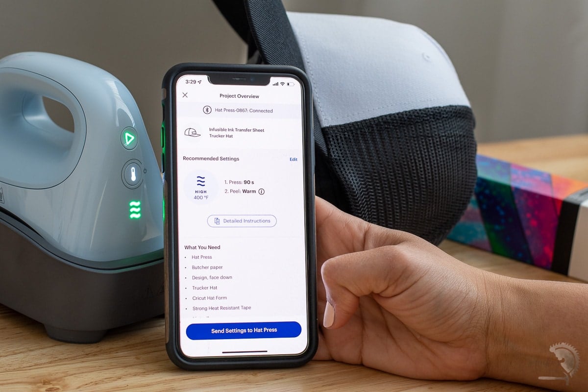 Cricut heat app showing settings for transferring infusible ink to trucker hat