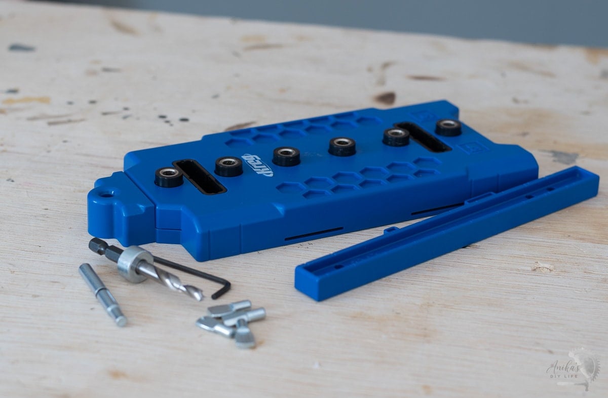 Kreg shelf pin jig and all its accessories on the workbench