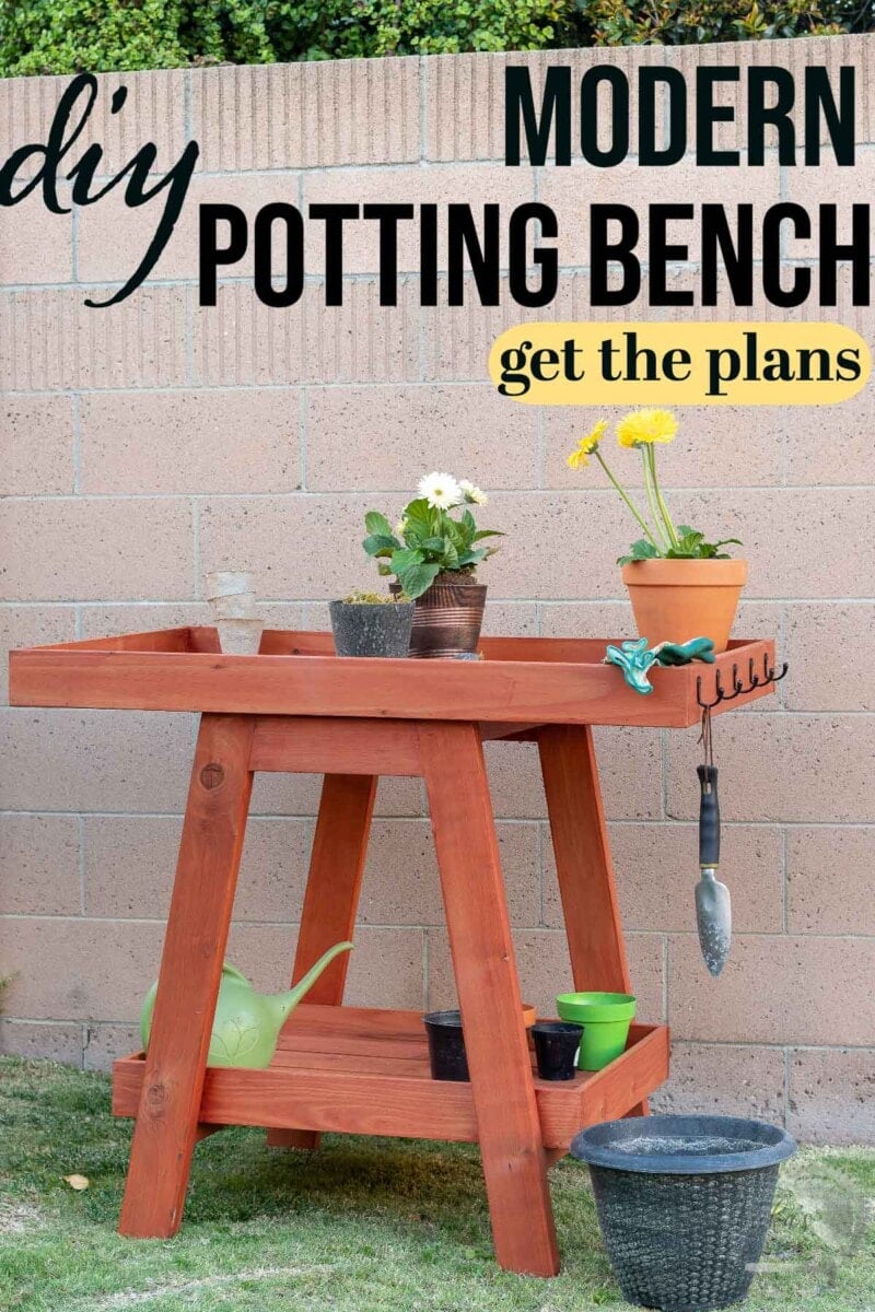 Redwood DIY potting bench in grass with text overlay