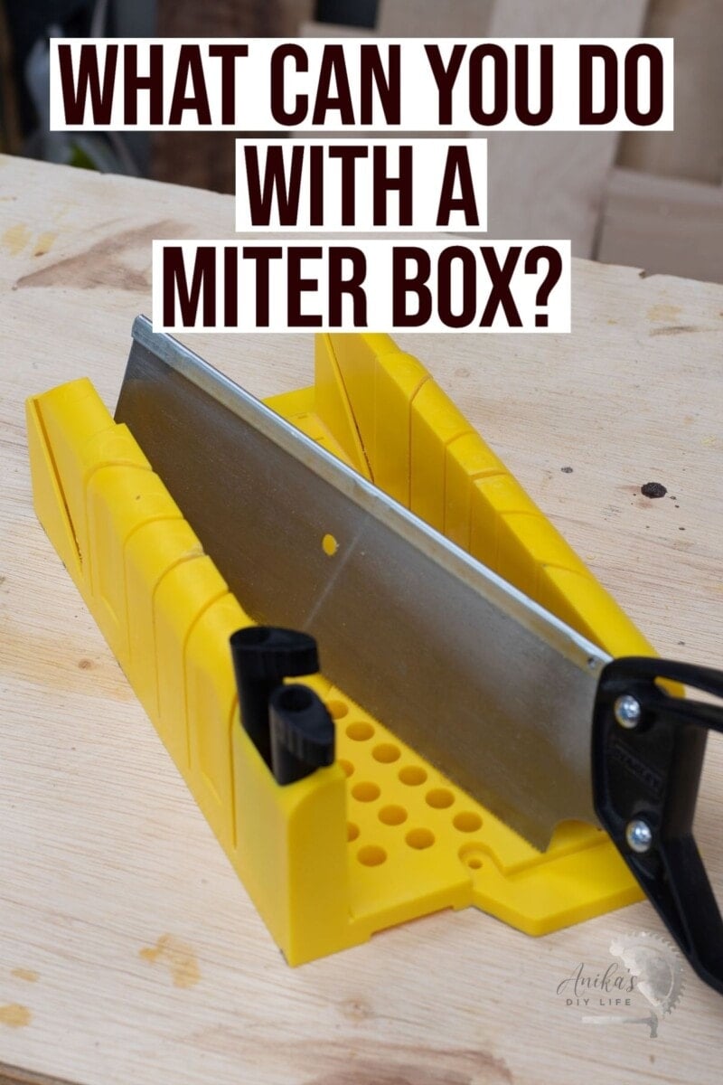 Miter box on workbench with text overlay