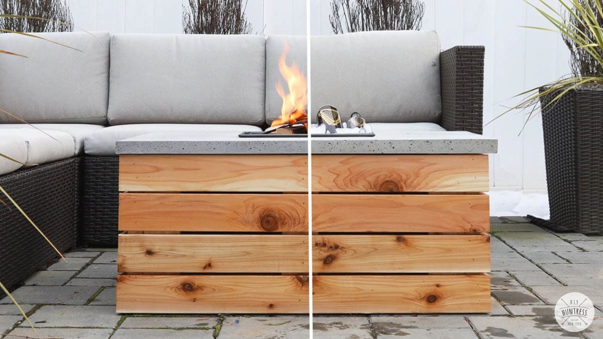 outdoor coffee table with concrete top half fire pit, half cooler
