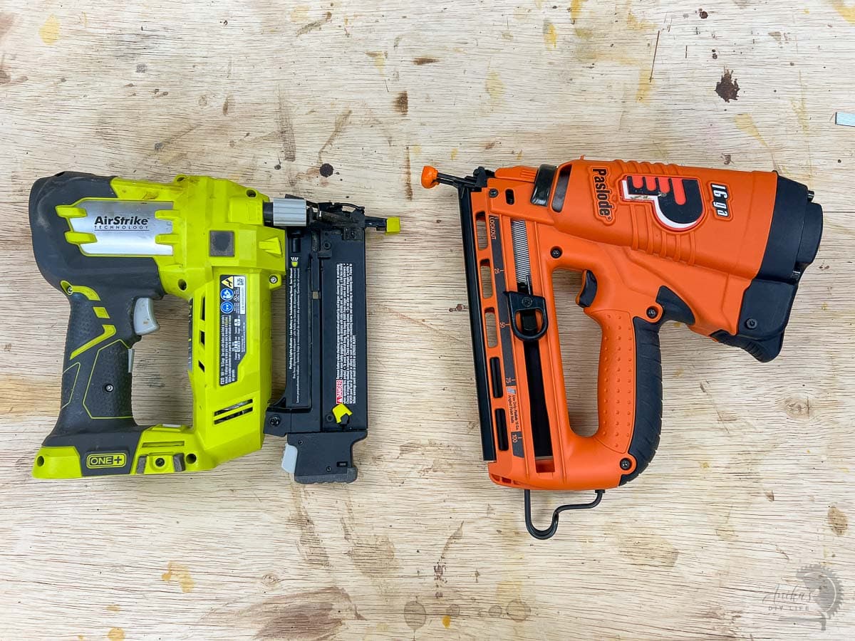 angled and straight nail guns on a workbench
