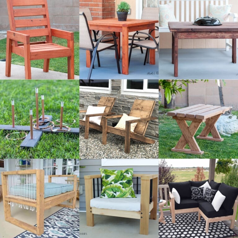 image collage of nine DIY outdoor 2x4 project ideas
