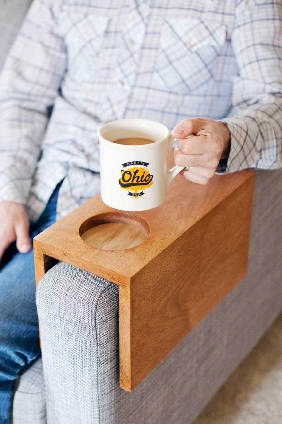 DIY wood couch sleeve drink holder