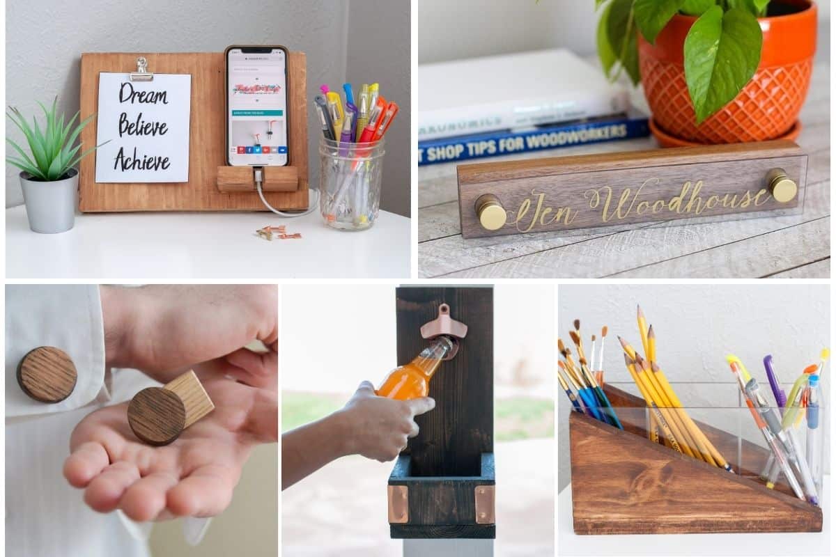 A collage of projects that are easy DIY wood gifts for him to build in a weekend. 