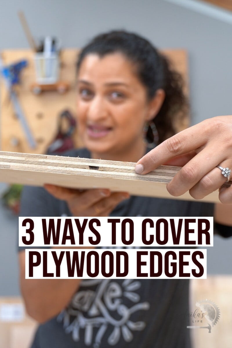 Woman holding plywood edge with text overlay