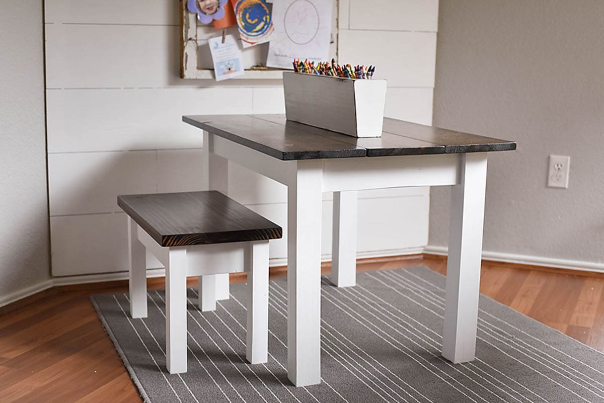 DIY kid's table with farmhouse style and matching bench