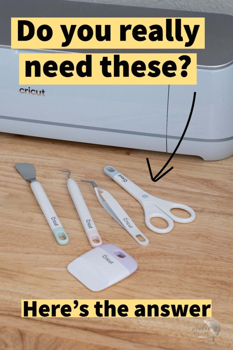Cricut machine and tools on table with text overlay