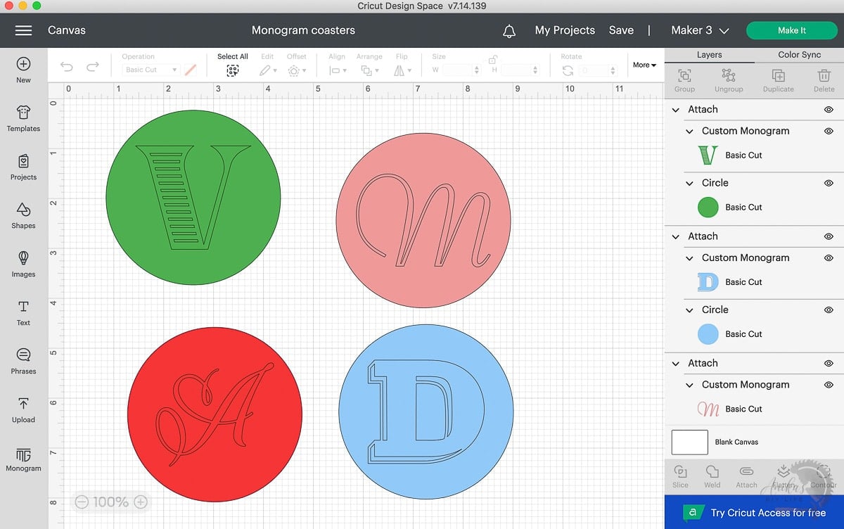 screenshot of design space with coaster designs