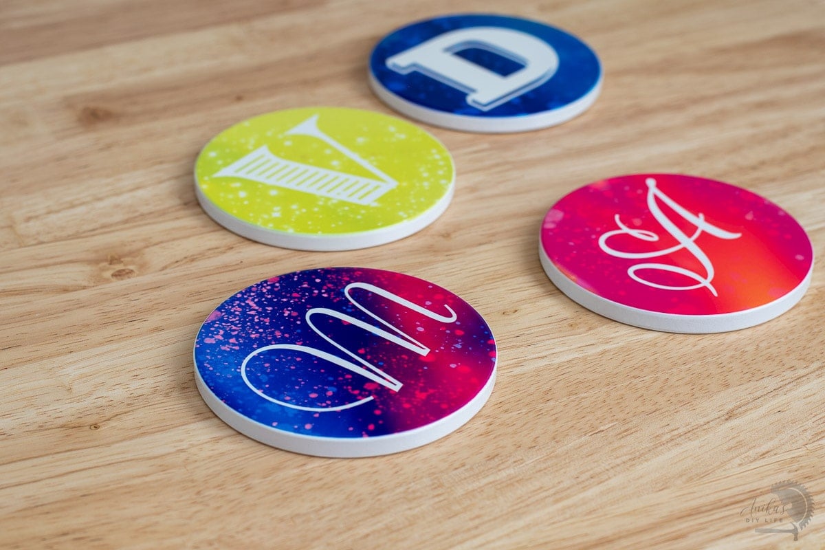 Infusible ink coasters on a table