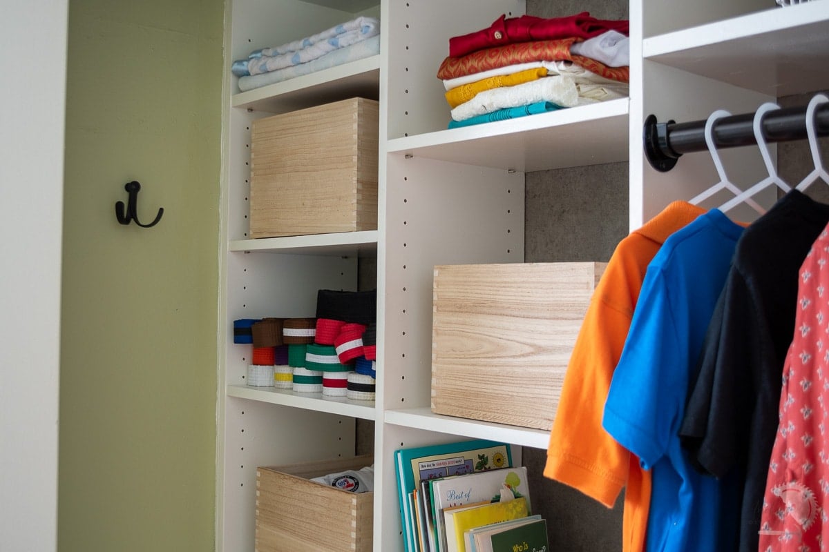 close up of bins in DIY Custom closet