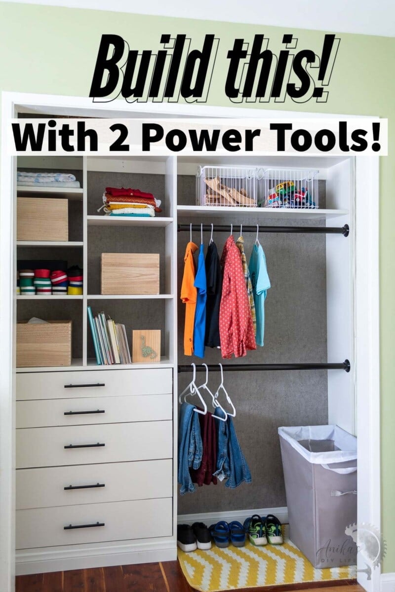 DIY custom closet with drawers and text overlay