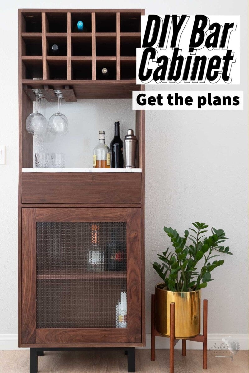 DIY bar cabinet with text overlay