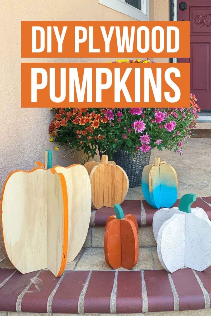 Pinnable image of five DIY plywood pumpkins with text overaly