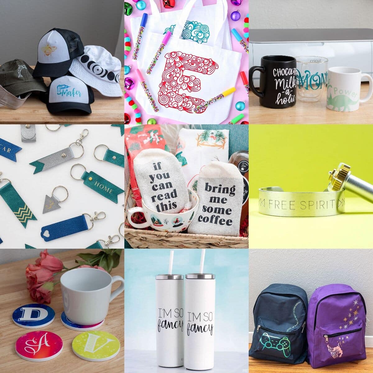 image collage of nine personalized gift ideas with cricut