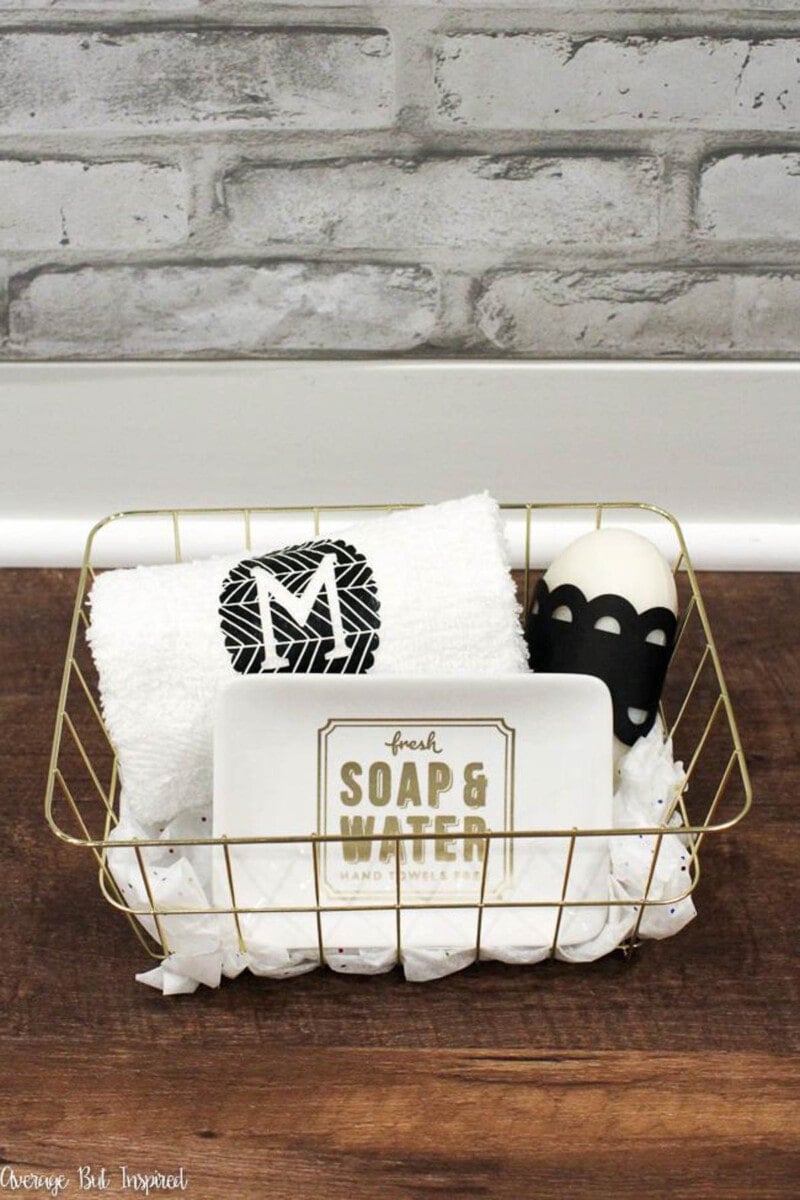 Gift basket with monogrammed towel and soap personalized with Cricut