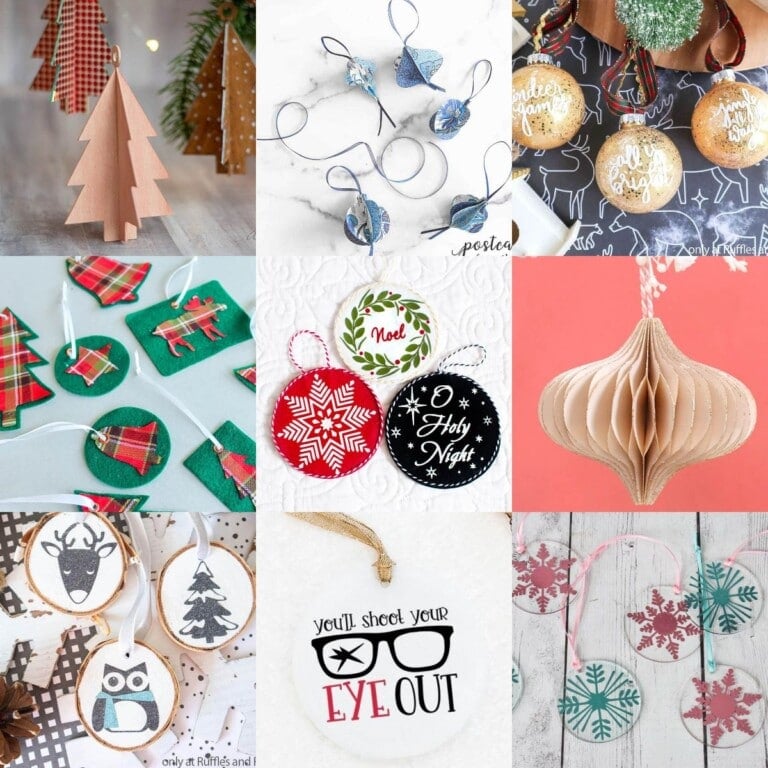 Image collage of nine Cricut Christmas ornaments