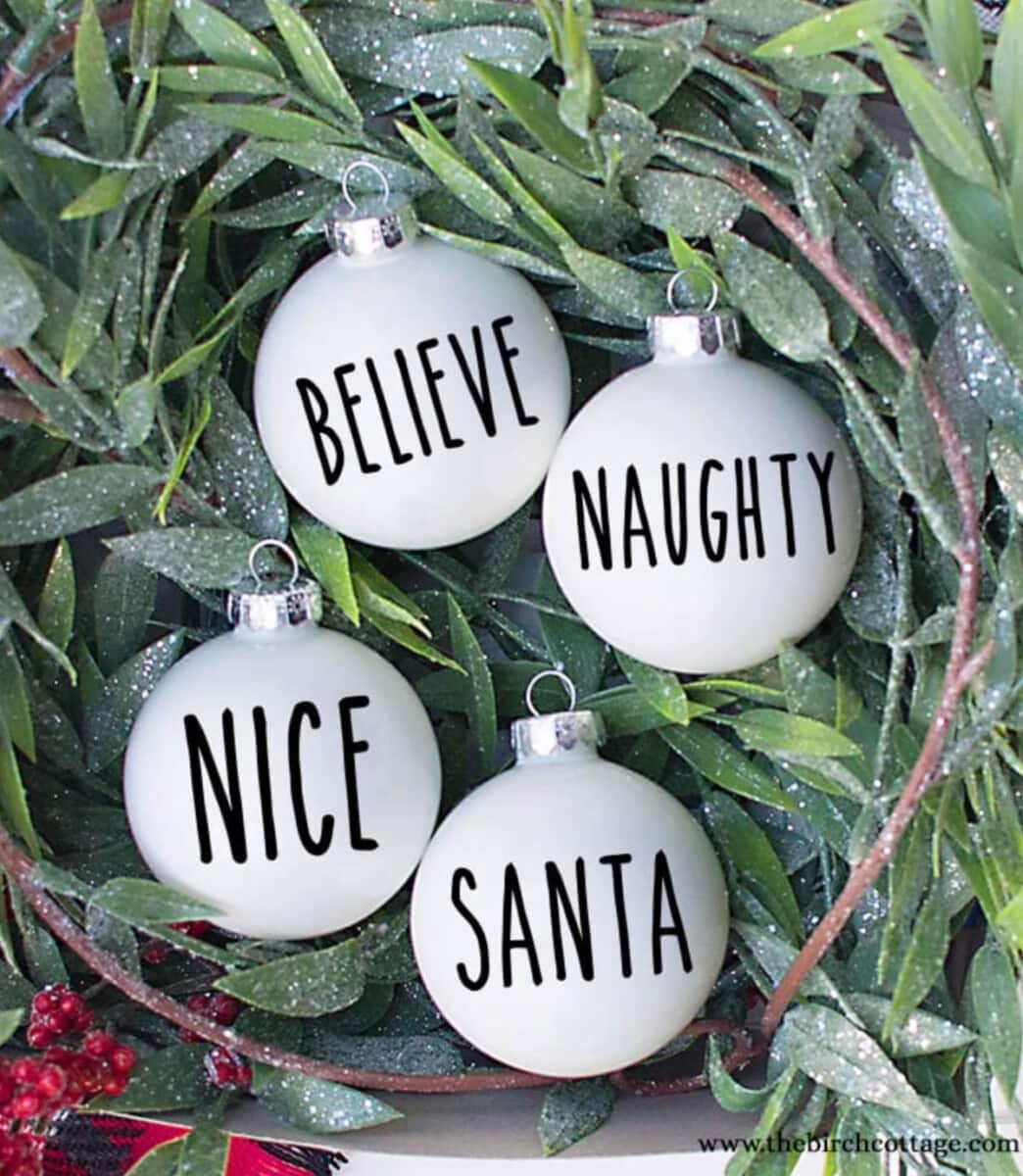 Rae Dunn style Christmas ornaments made with Cricut
