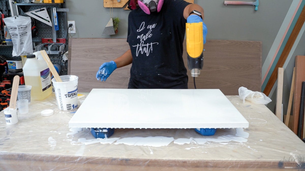 Popping air bubbles in epoxy marble with a heat gun