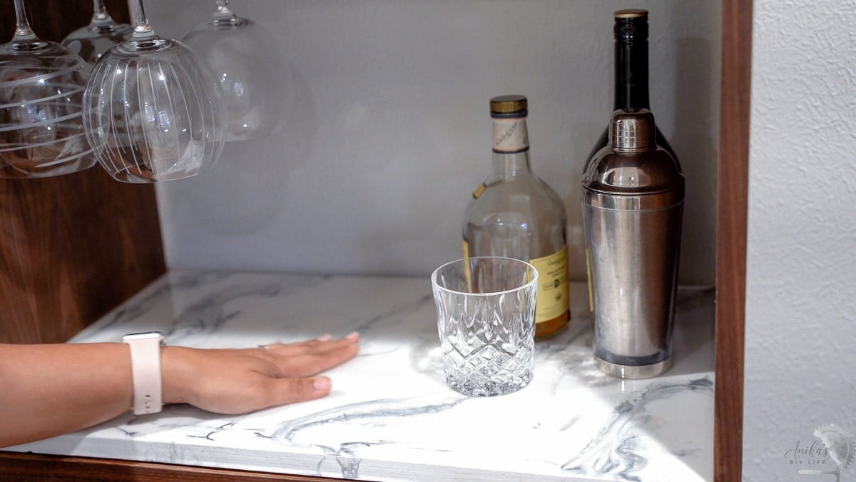 faux marble counter on bar cabinet
