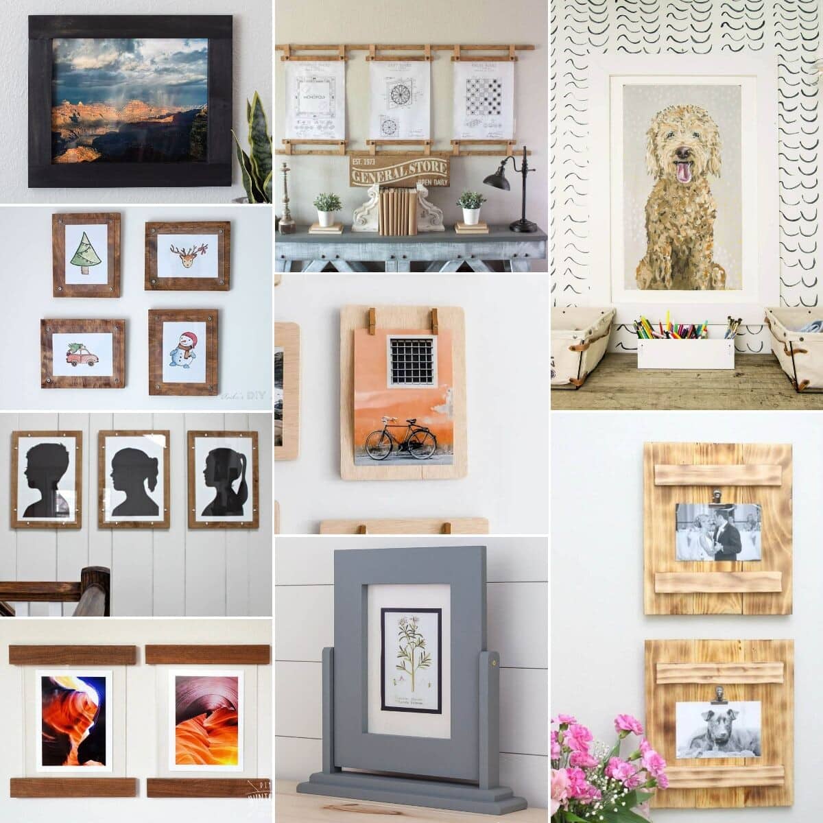 image collage of nine DIY picture frames
