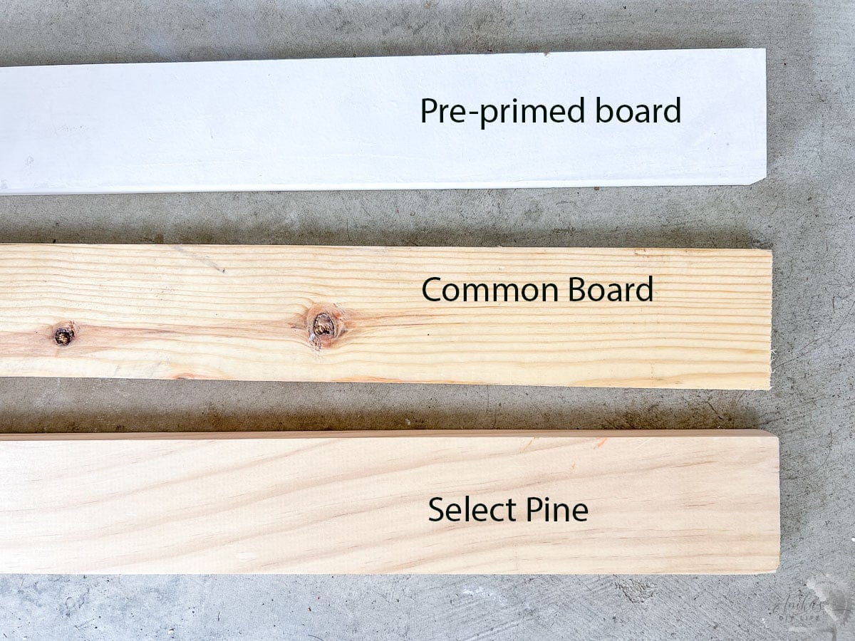select pine, common board and pre-primed board on garage floor