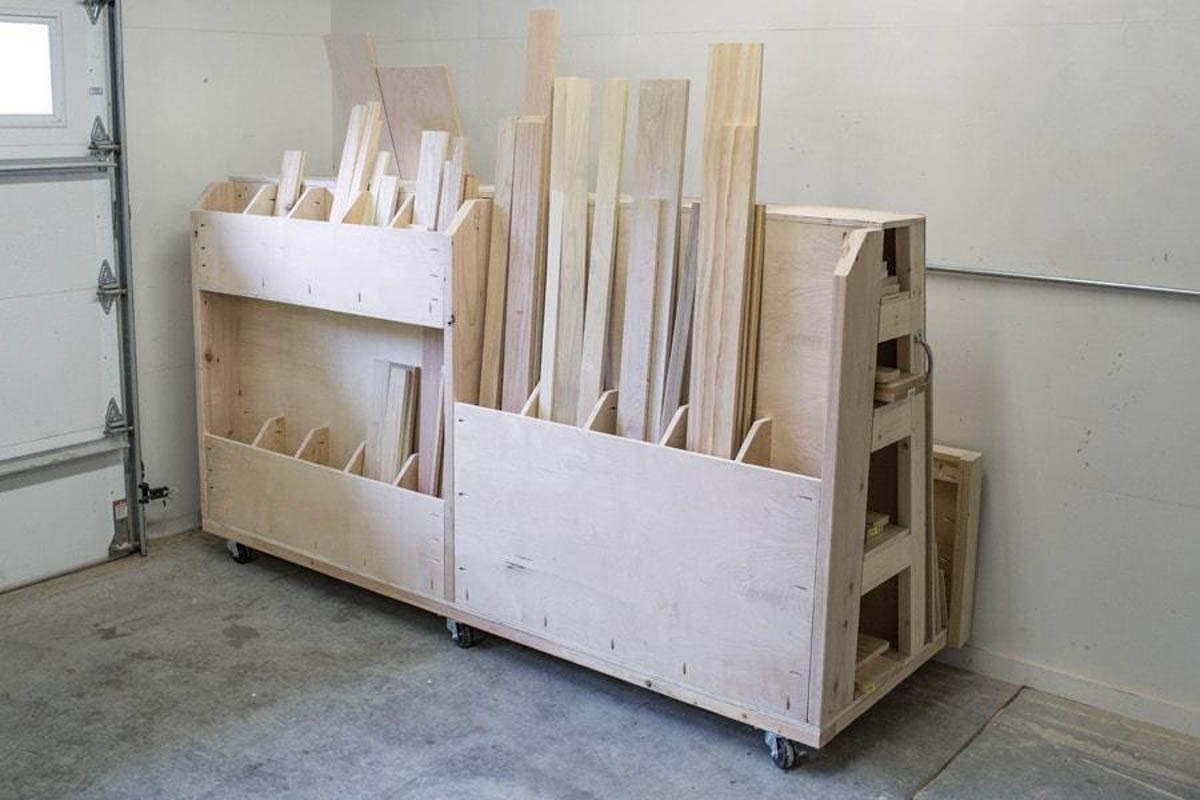 DIY rolling lumber storage cart for lumber and sheet goods