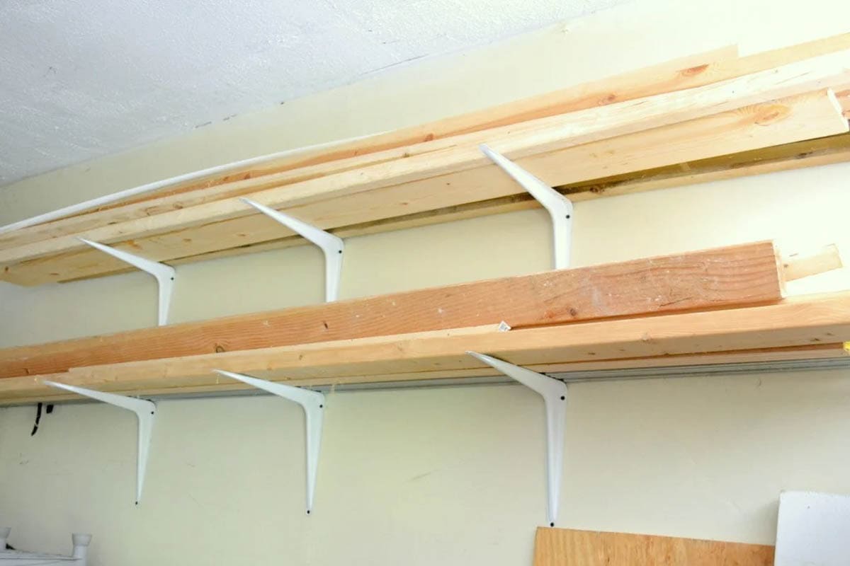 wall mounted lumber storage rack using shelf brackets