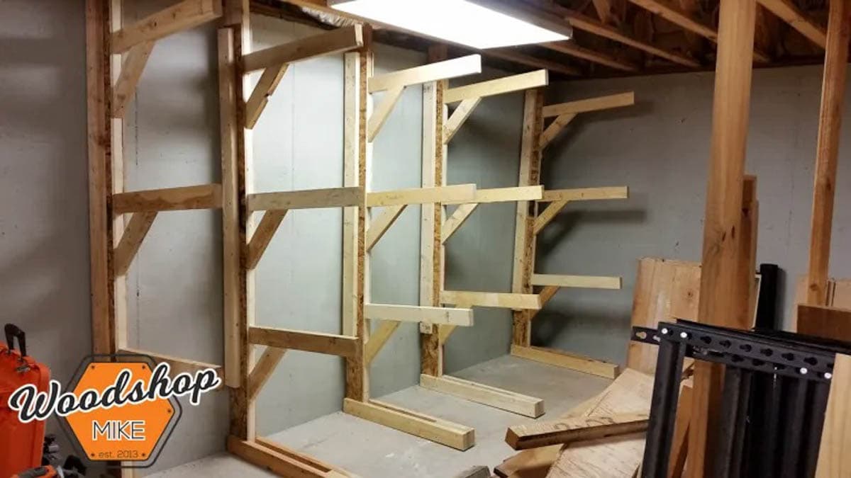 DIY modular lumber rack in workshop
