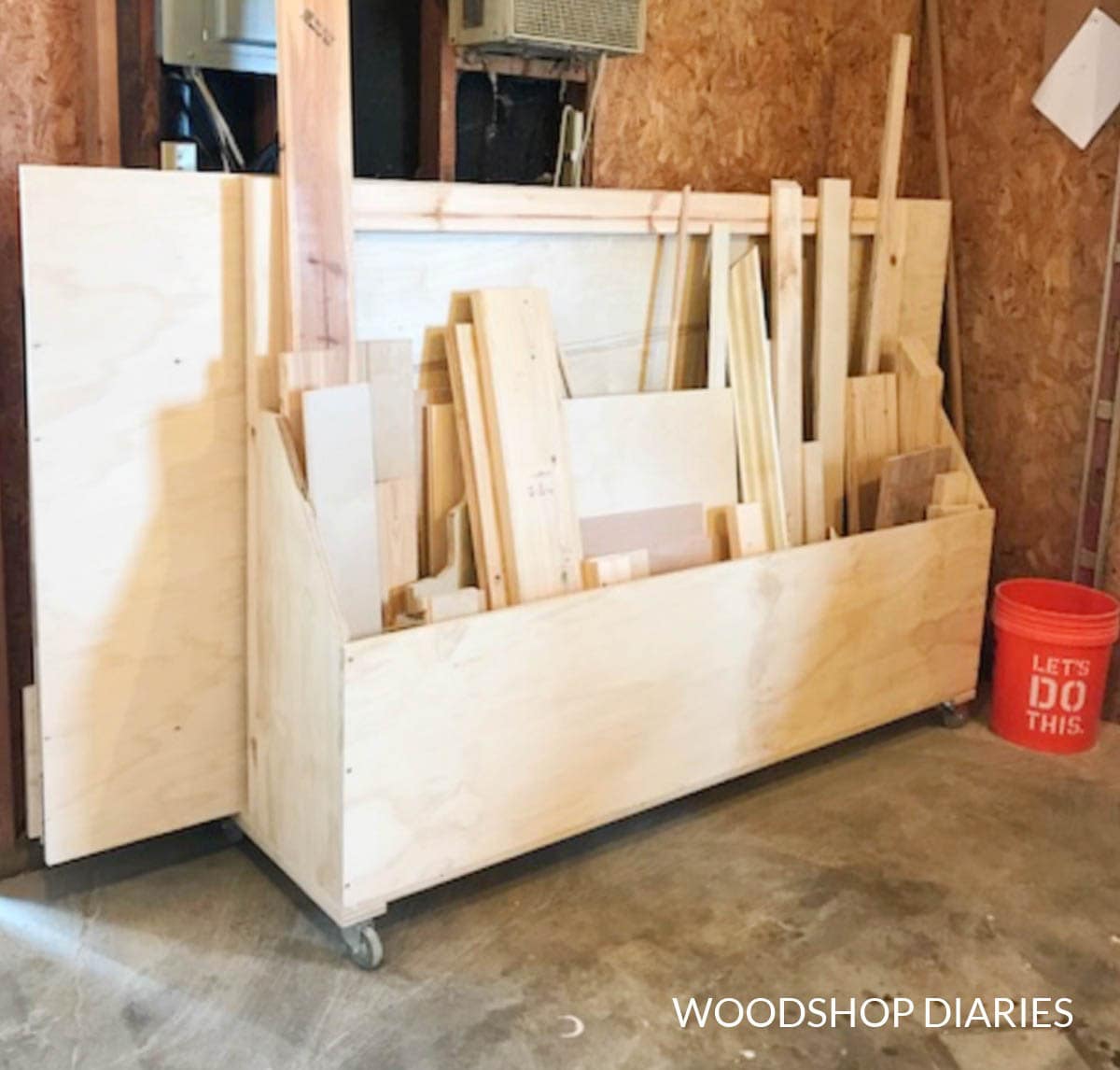 DIYscrap wood storage cart with plywood storage in the back