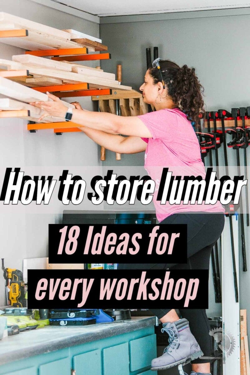 woman taking down lumber from a lumber rack in a workshop