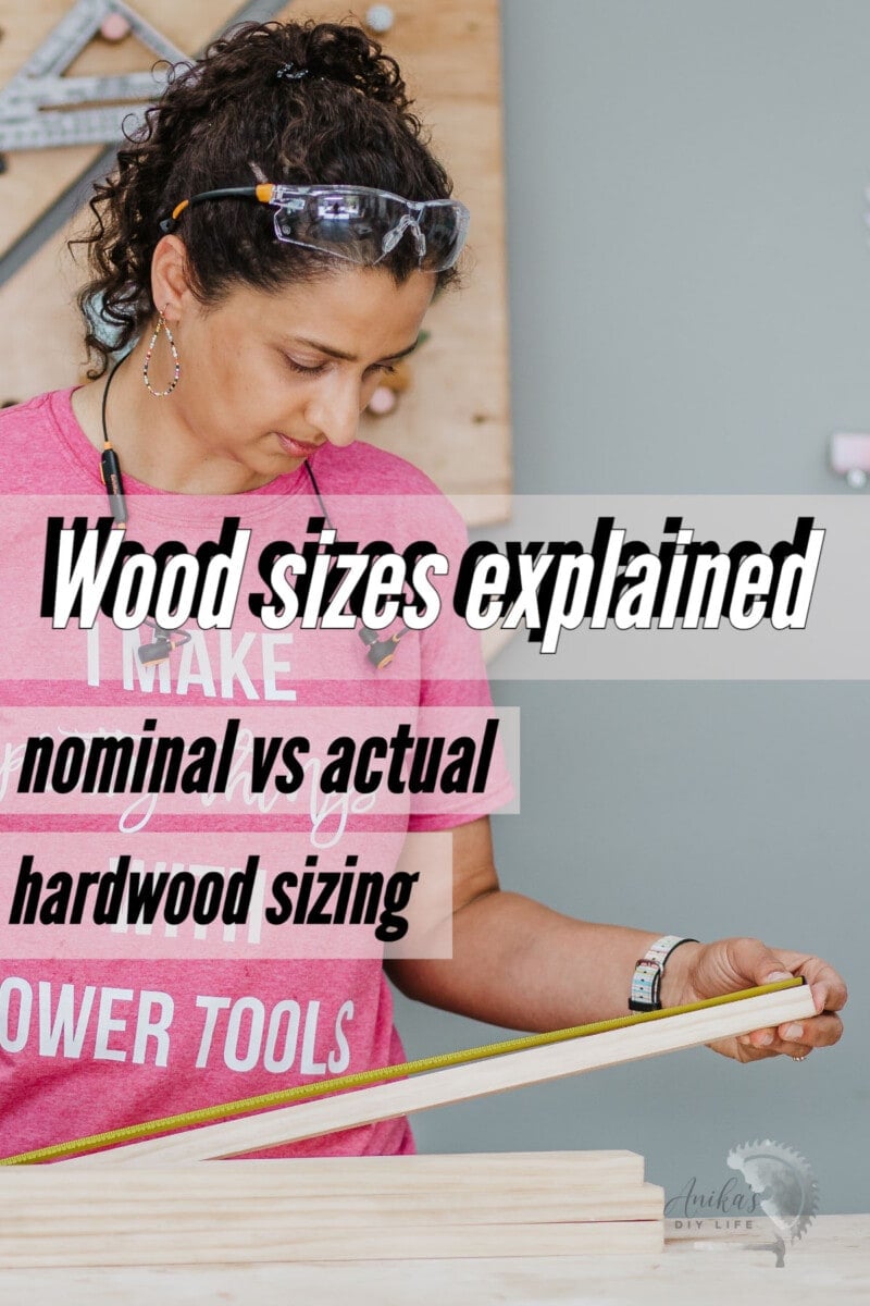 woman measuring board with text overlay wood sizes explained