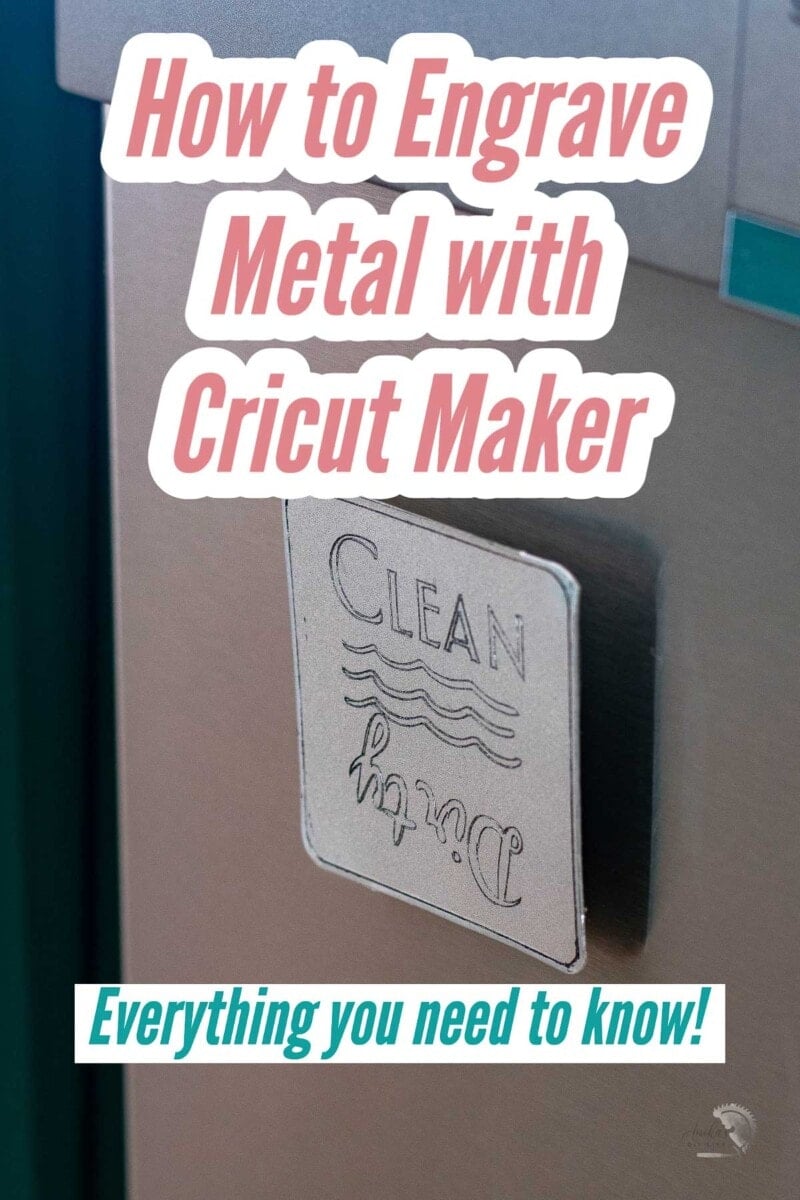Engraved metal dishwasher magnet with text overlay.