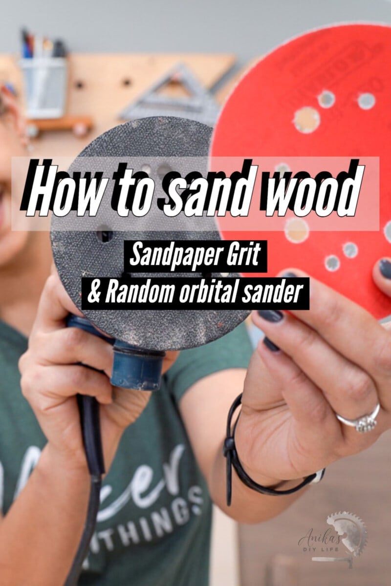 woman holding a random orbital sander and sanding sheet with text overlay