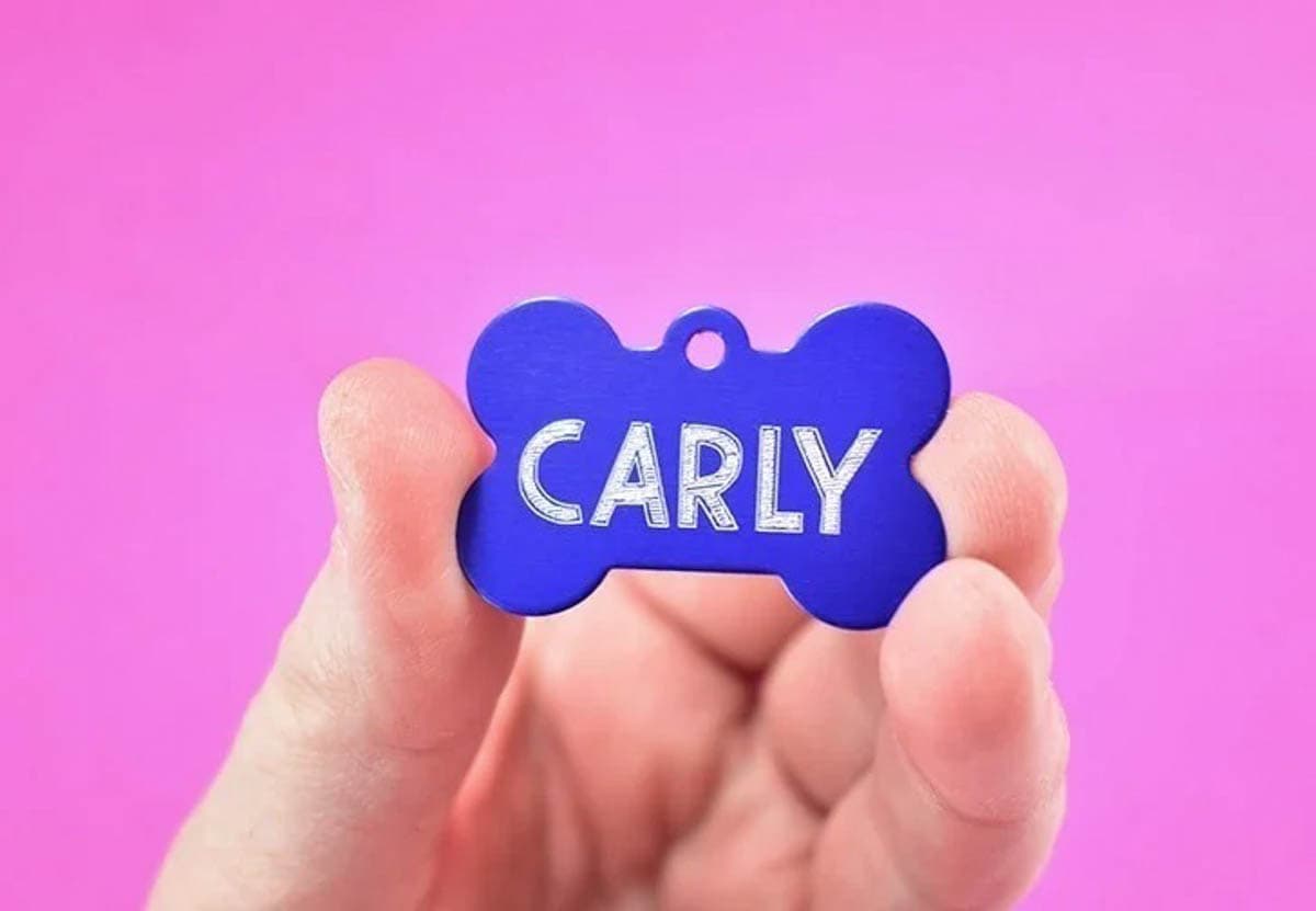 Purple metal pet tag with pet name engraved with the Cricut engraving tip