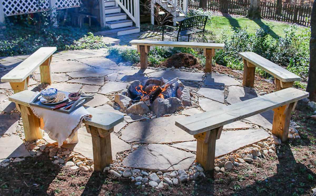 organic looking fire pit with benches