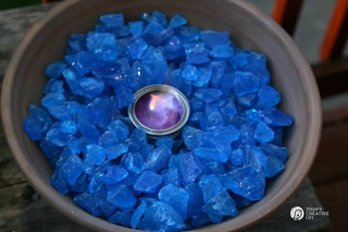 DIY tabletop fire bowl with fire glass rock