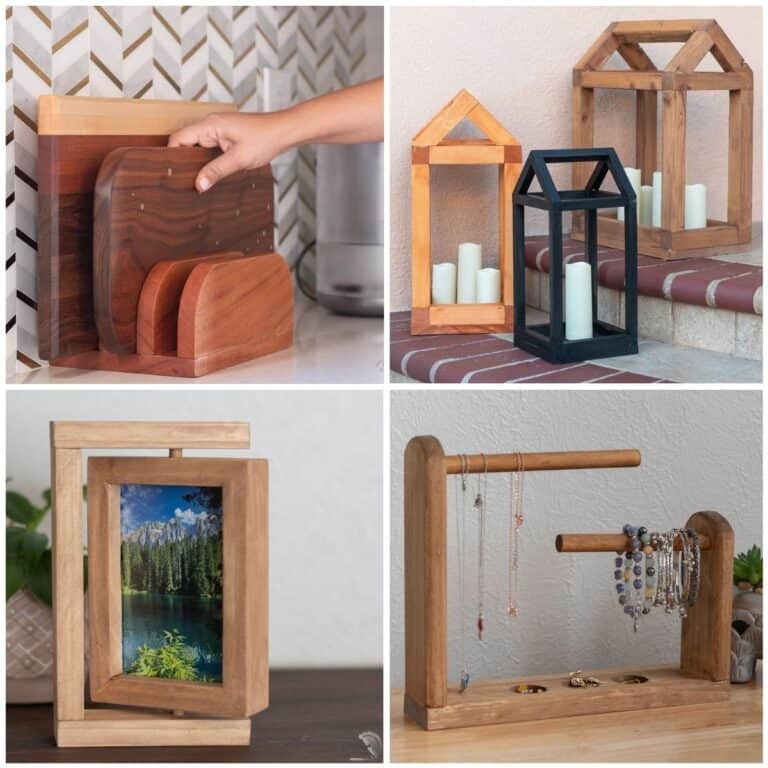 Image collage of 4 DIY wood gifts for her
