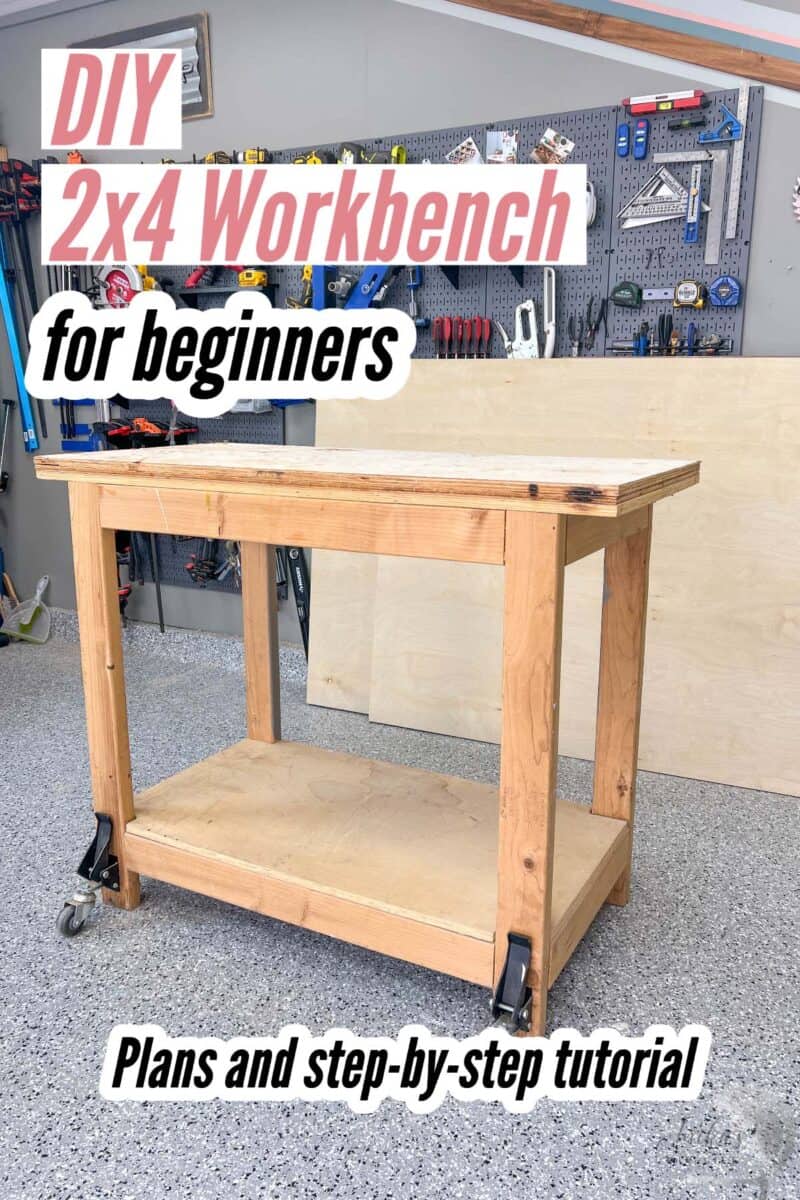 2x4 workbench in a workshop with text overlay
