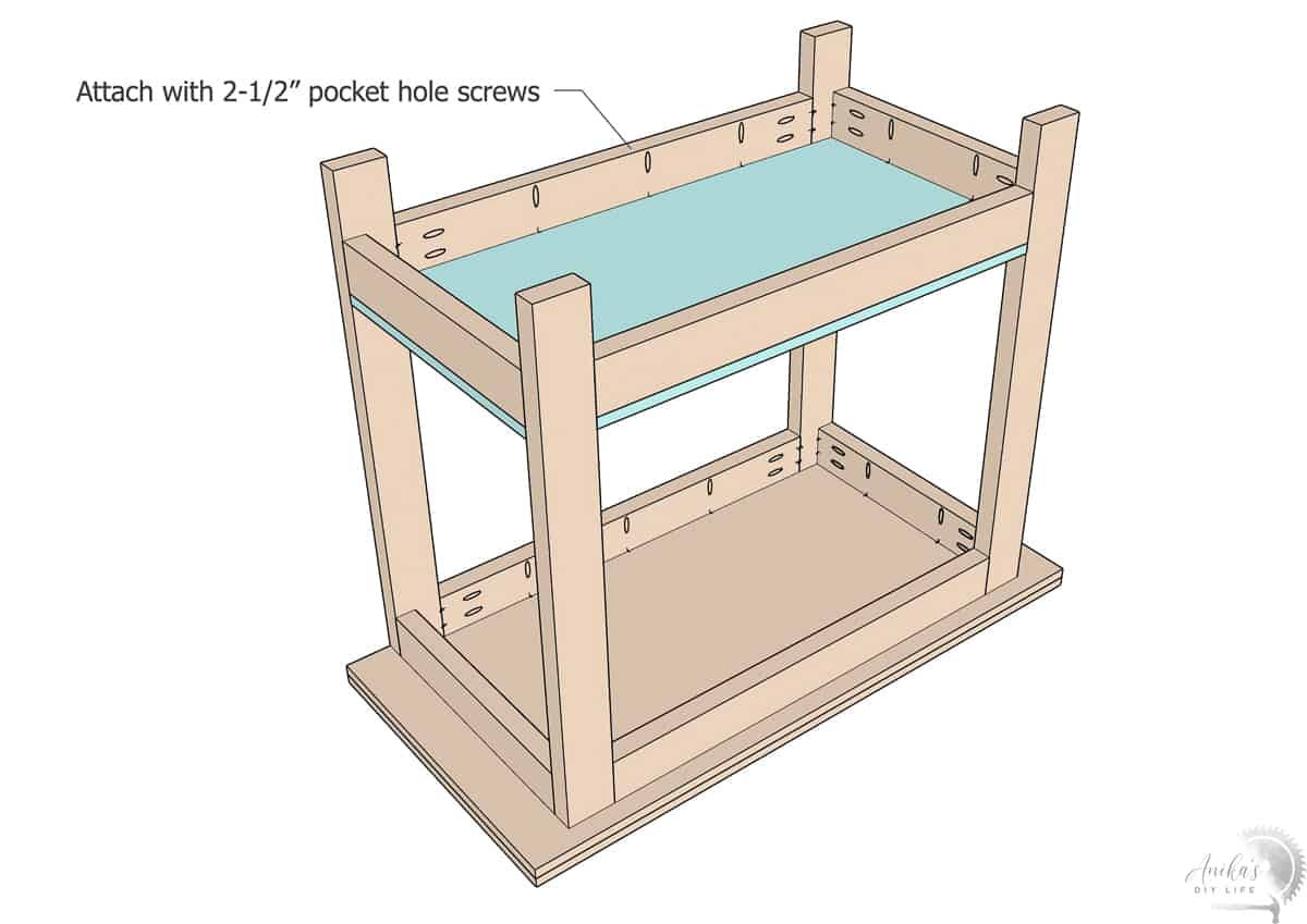 Schematic showing attaching the bottom shelf to the workbench