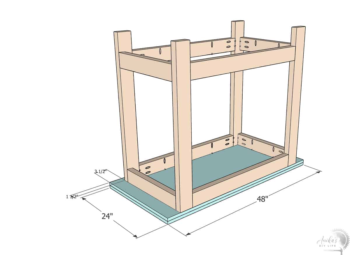 Schematic drawing showing attaching the top to the leg frame