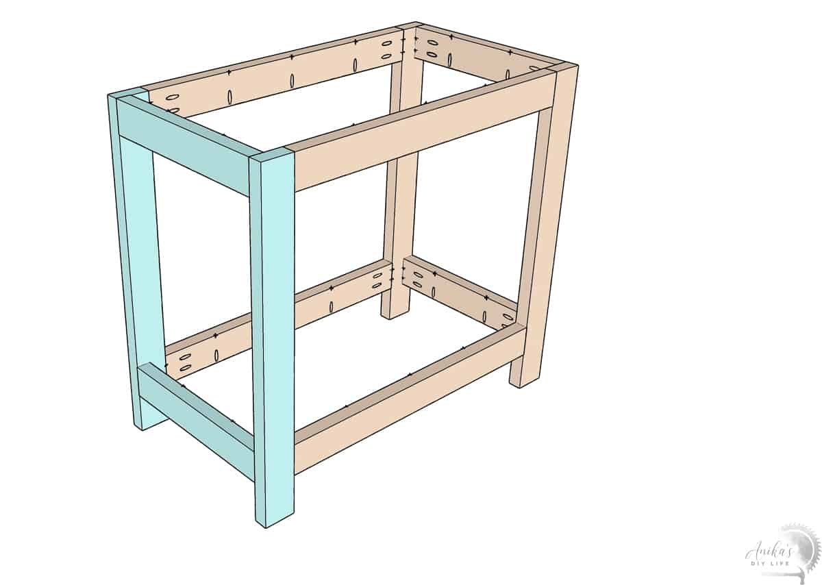 Schematic showing how to build the entire leg frame of the workbench using 2x4 boards