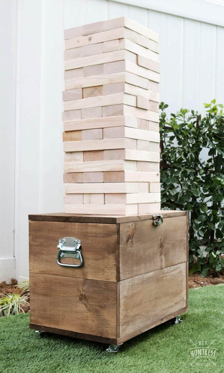 Giant Jenga DIY yard game with storage box on wheels