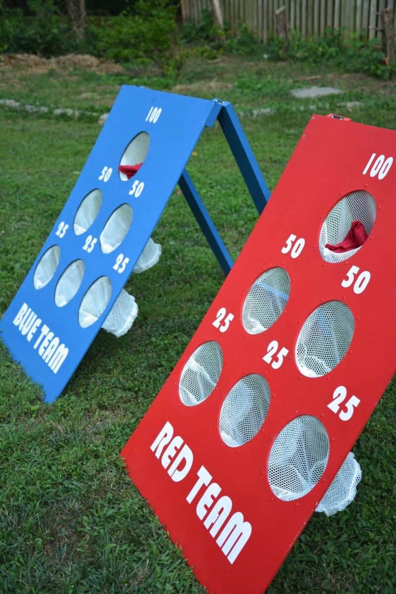 Bean bag toss boards in red and blue