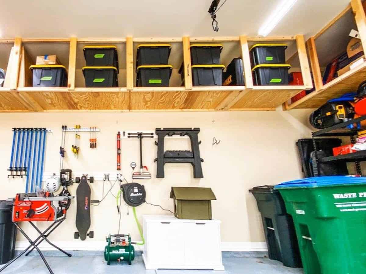 DIY overhead wall-mounted garage shelves