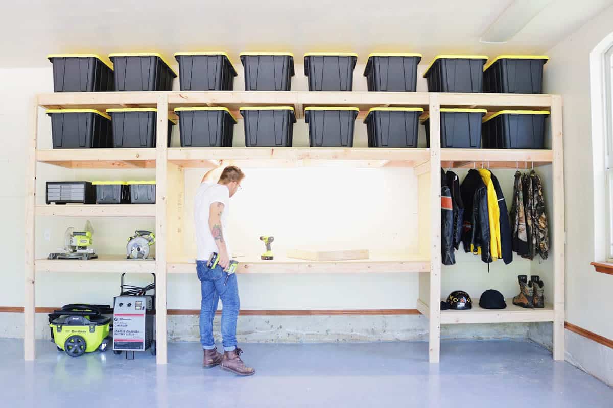 large garage shelving unit with workbench