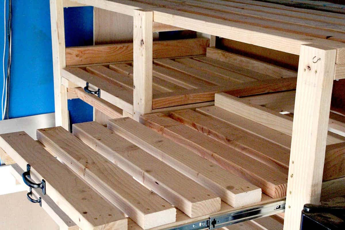 pull out shelves in a DIY garage shelving unit