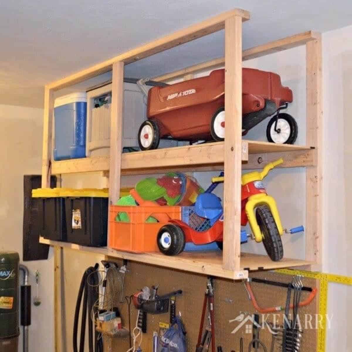 Ceiling mounted DIY wood garage shelves