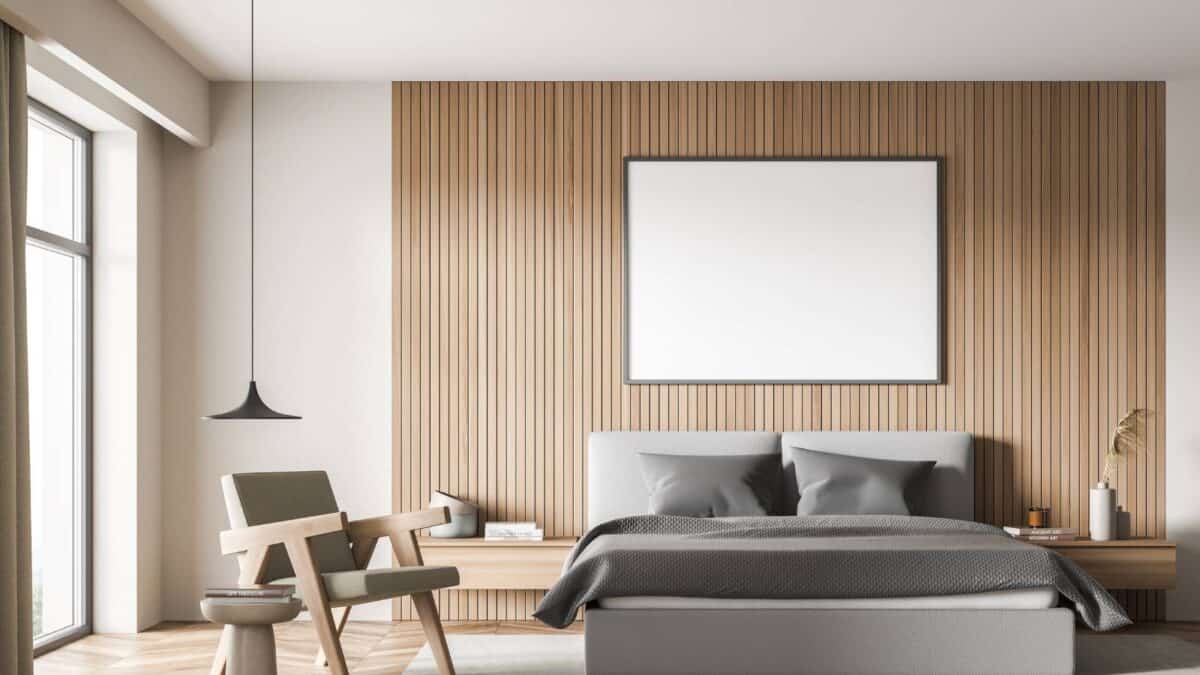 bedroom with wood tone slat accent wall